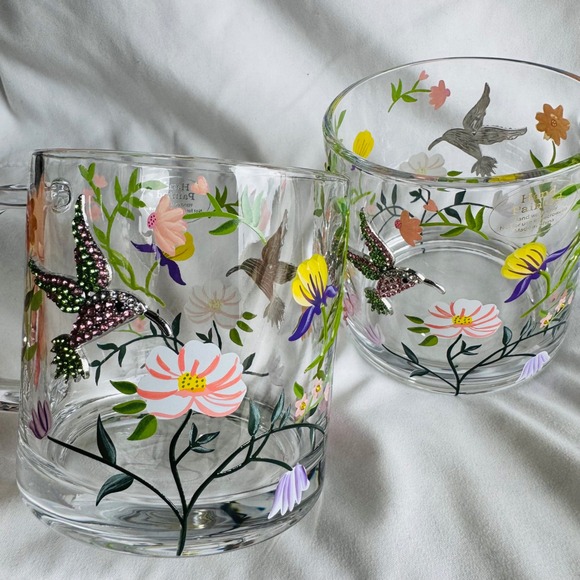 Hand Painted Clear Glass Mugs Set of 2‎ Hummingbird Floral Embellished 4x4 in